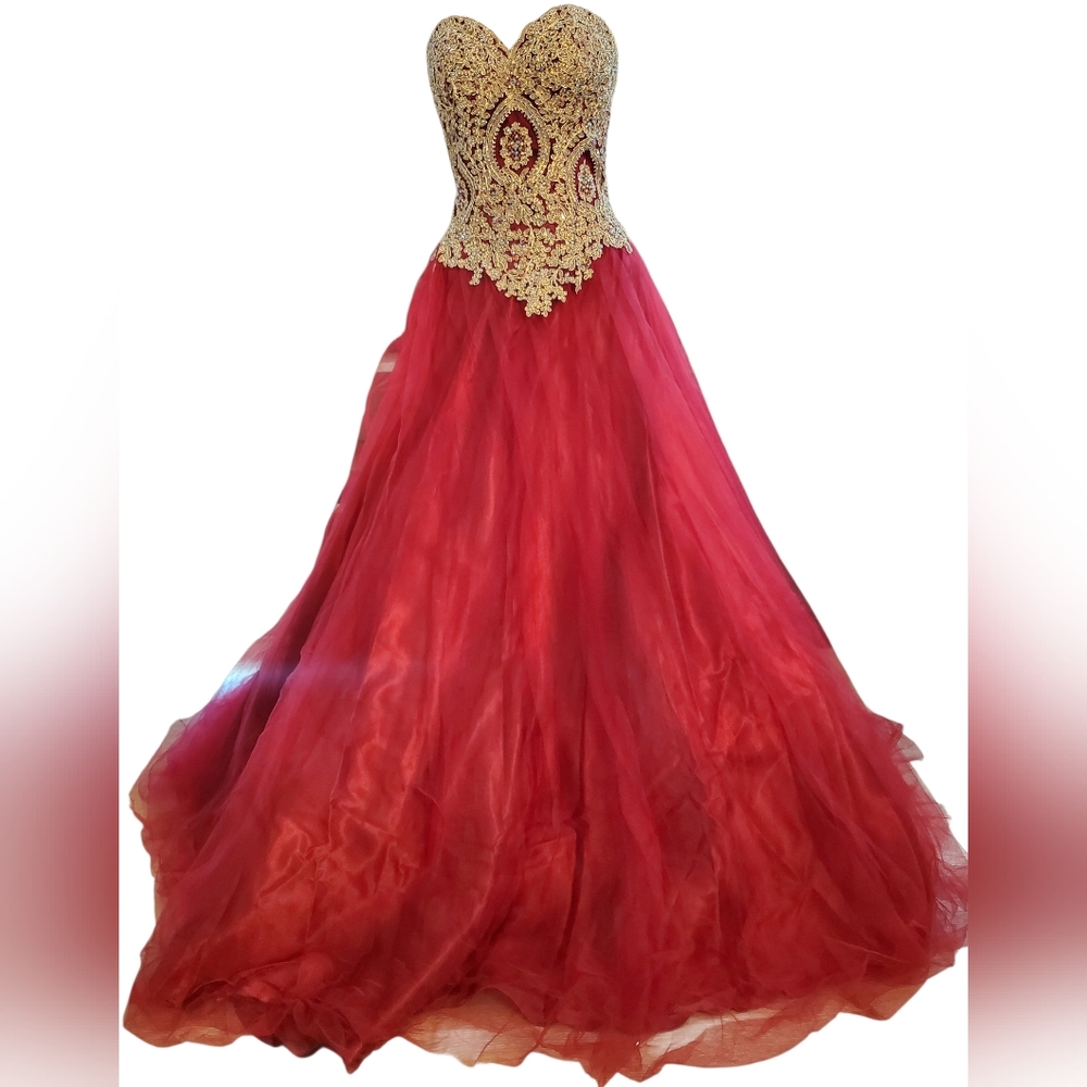 NWT Elegant Layla K Burgundy Gown With Gold Embroidery
